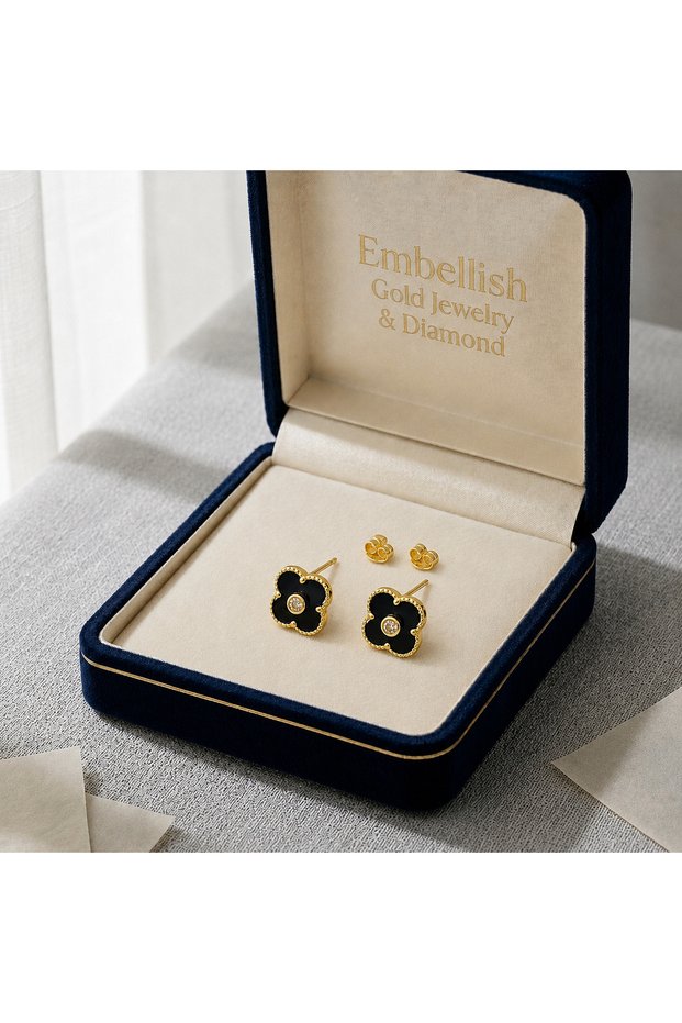 18K Real Gold VCA Black Stone Earrings