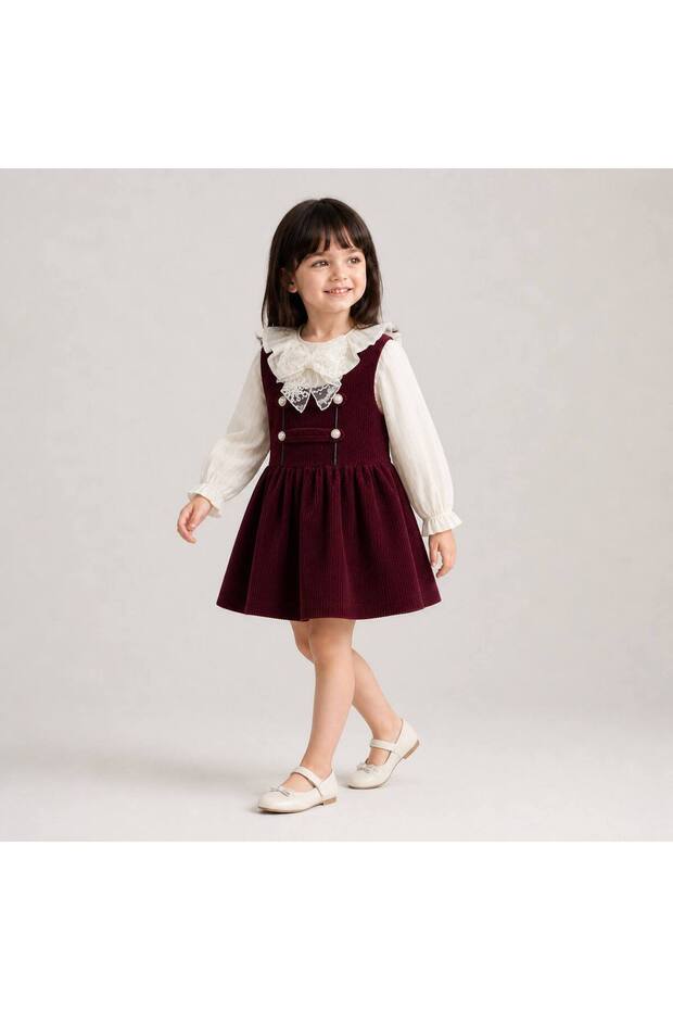 Girls' Two-Piece Set: Cotton Blouse with Lace Collar Detail and Bow Detail, and a Burgundy Velvet Shirt Dress with Pearl Buttons