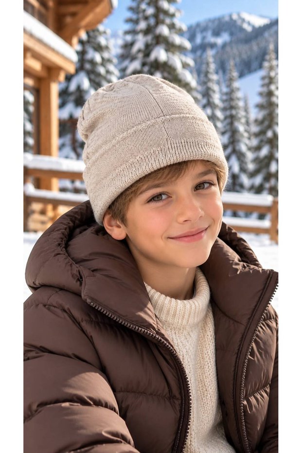 Beige Soft-Textured Knit Boy's Beanie, Ages 7–12