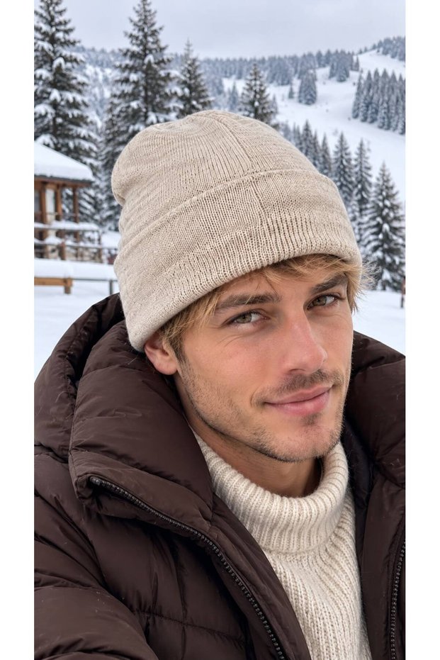 Beige Soft-Textured Knit Men's Beanie