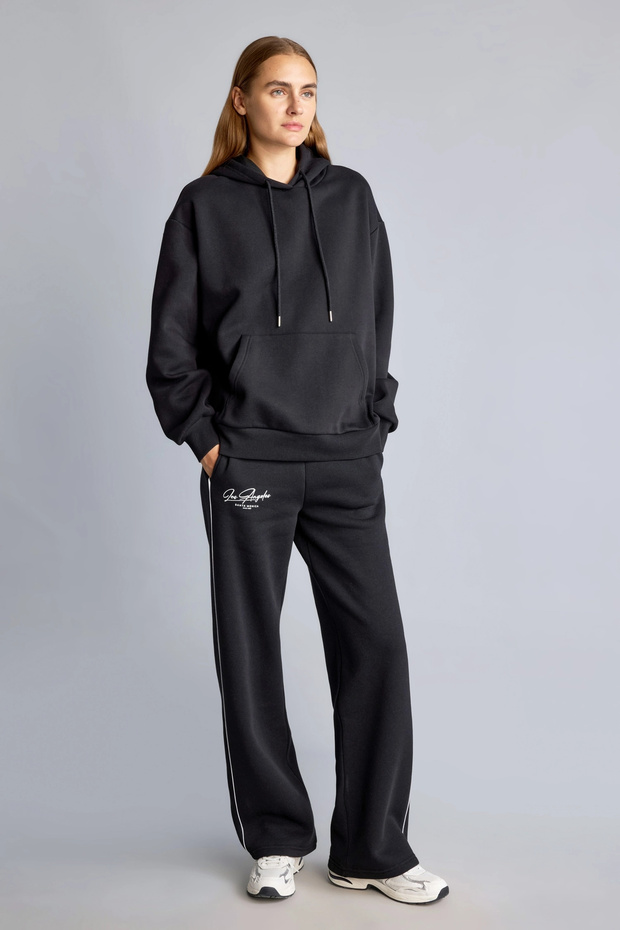 I3315AXBK81 Black Straight-Fit Piped Side-Zip Text-Printed Thick Sweatpants