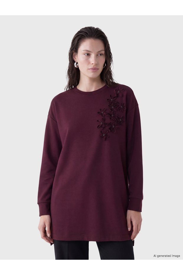 TWO MT SHOP QUALITY LCW EVERYDAY Plum-Colored Scuba Fabric Embroidered Oversized Women's Sweatshirt Tunic