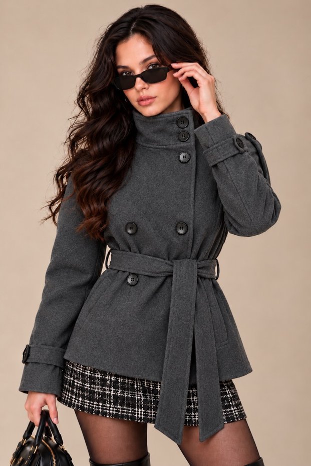 Women's Charcoal Grey Mock Neck Belted Short Melton Coat with Buttons and Lining—Winter Jacket