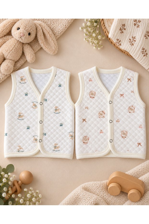100% Cotton Quilted Patterned Baby Vest with Snap-Fastened Details, 2-Pack