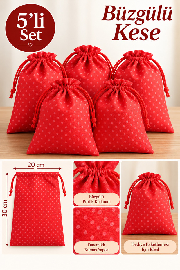 Set of 5 Ruched Red and White Polka Dot Tulle Bags, Ruched Cloth Bags - Gift Bags