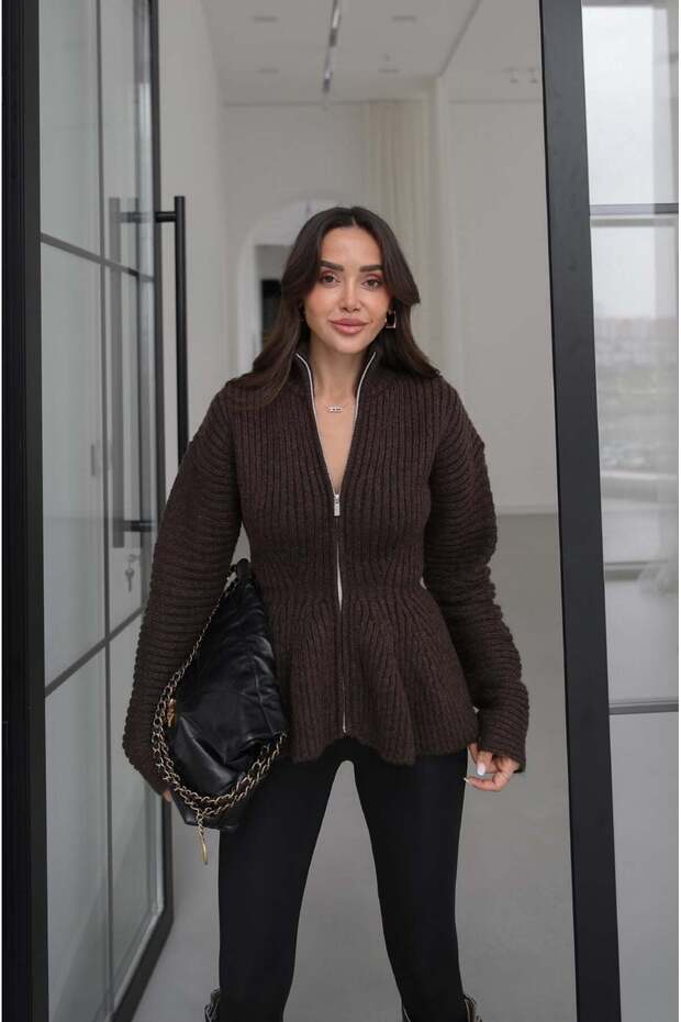 Brown Mock Neck Peplum Cardigan