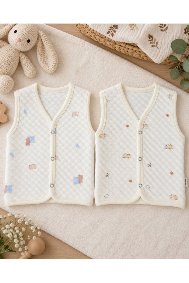 100% Cotton Quilted Patterned Baby Vest with Snap-Fastened Details, 2-Pack