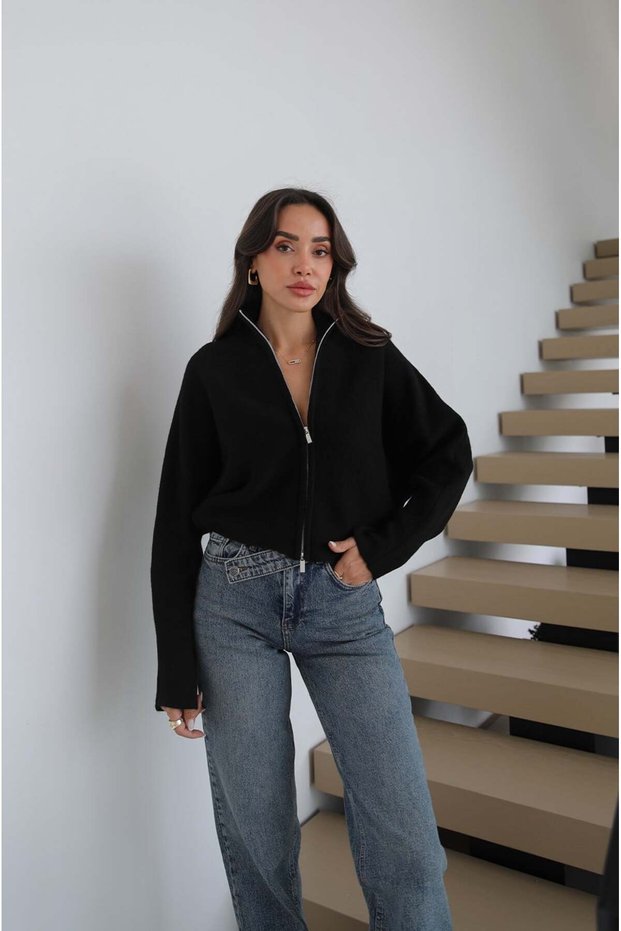 Black Short Cardigan with Double Zippers