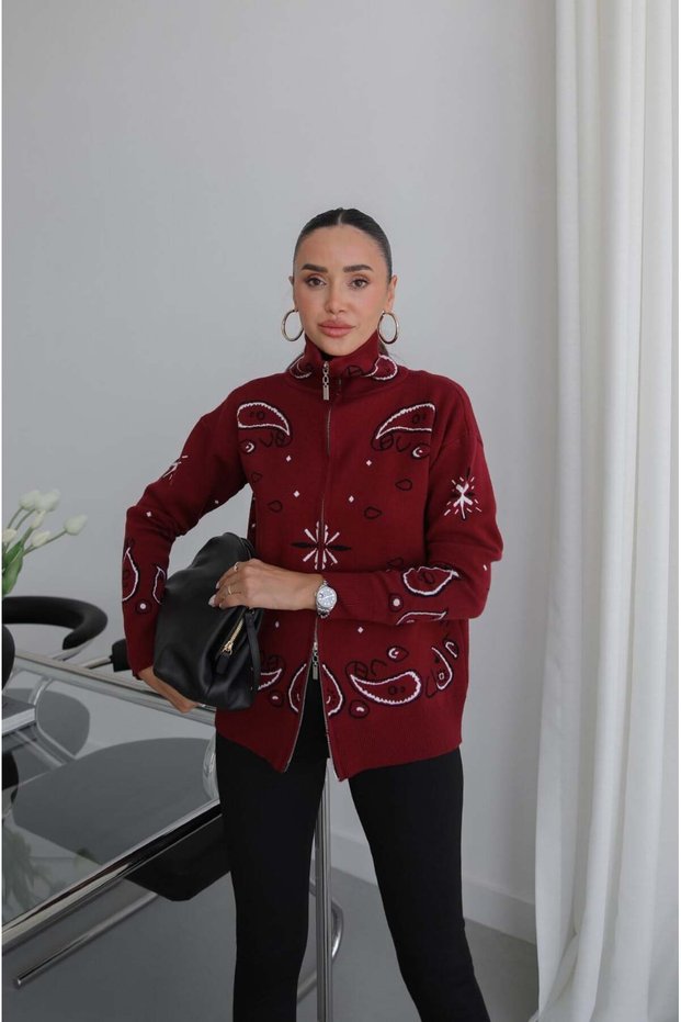 Burgundy Droplet-Checkered Knit Cardigan