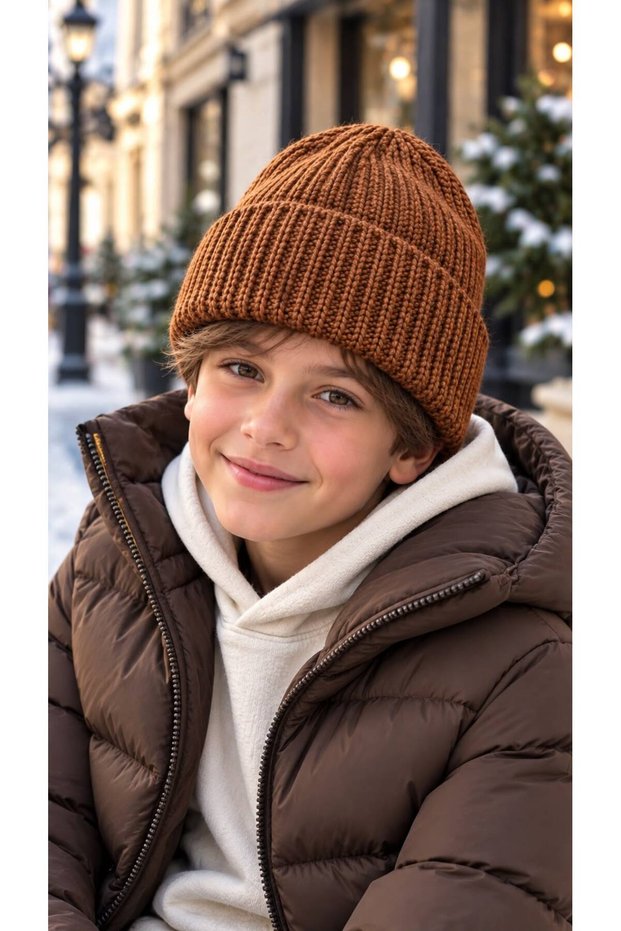 Coffee-Colored Soft-Textured Ribbed Knit Boys' Beanie, Ages 7–12