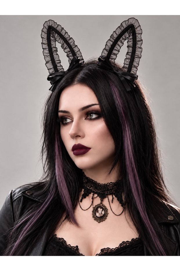 Black Cat-Eared Crown with Ribbon and Tulle Detail—Gothic Anime Cosplay Hair Accessory for Women, Teen Girls, and Children
