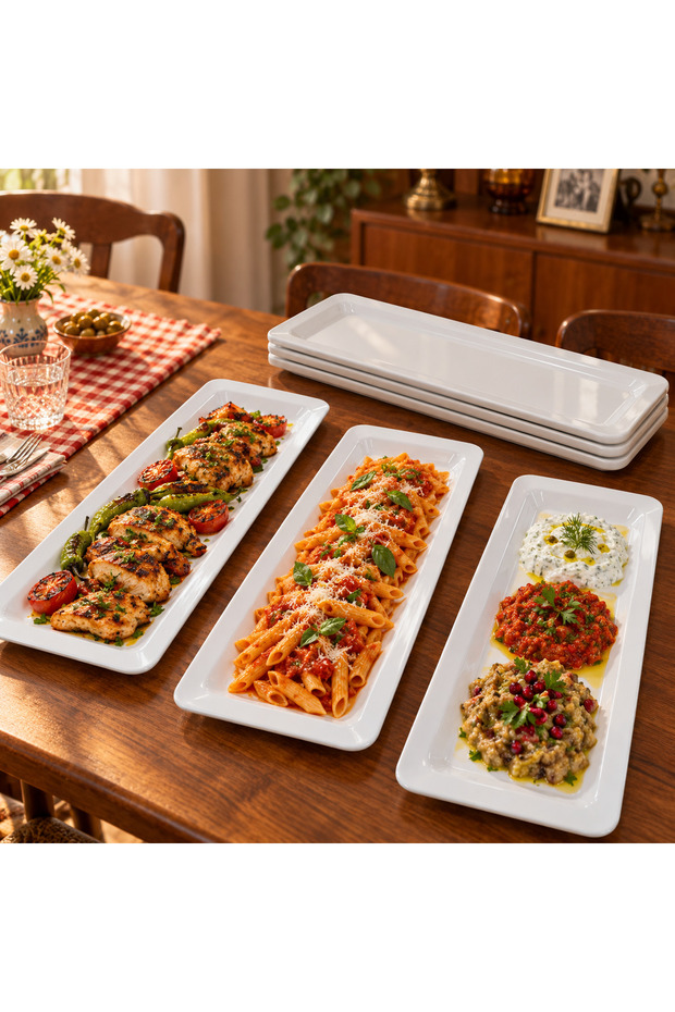 Set of 6 White Melamine Long Serving and Presentation Plates, 53 x 18 cm—for Chicken, Kebabs, Pasta, and Meze