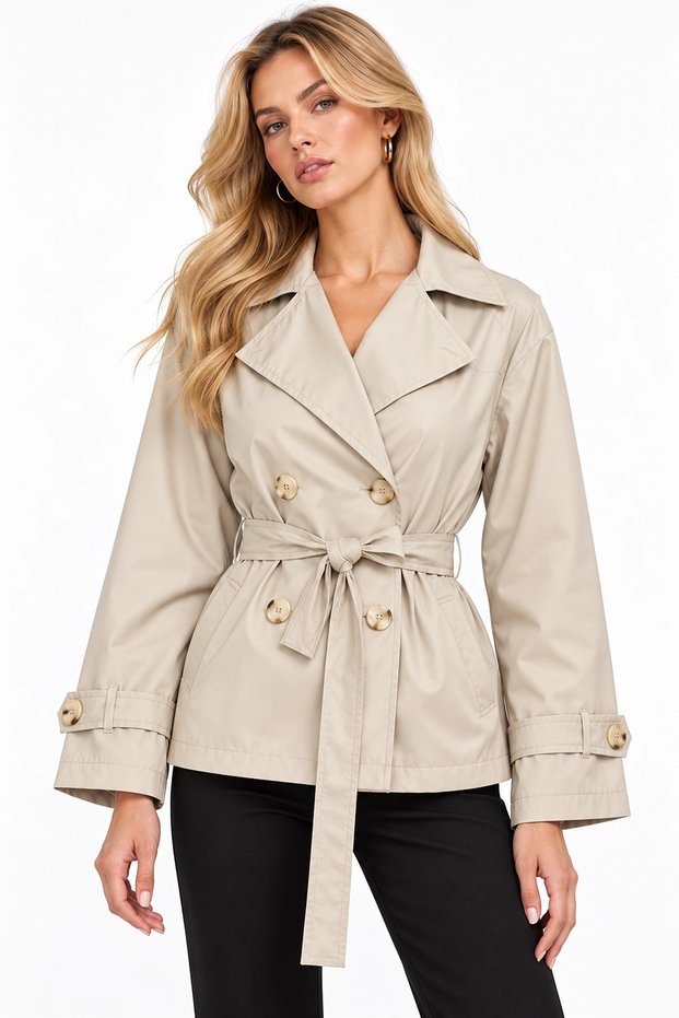 Women's Beige Belted Double-Breasted Button-Front Short Trench Coat with Pockets with Wrap Neckline