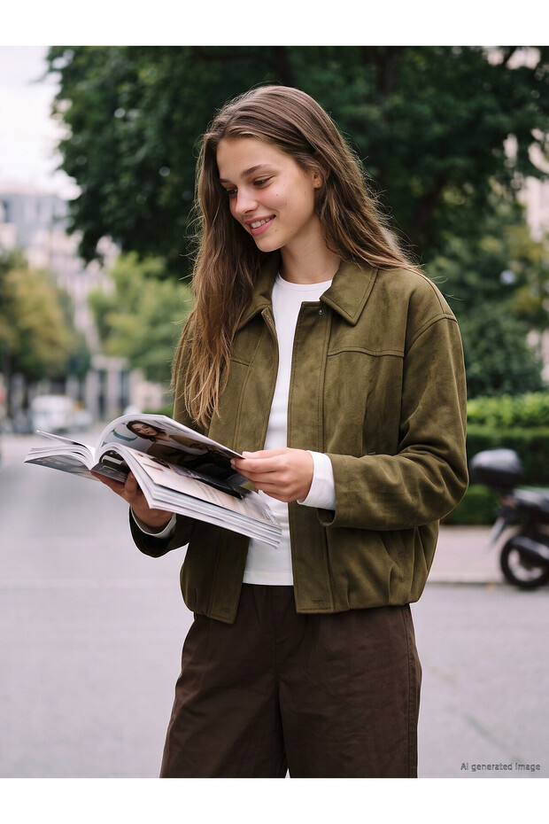 TWO MT SHOP QUALITY LCW Teen Green Suede-Look Plain Loose & Baggy Teen Girls' Jacket