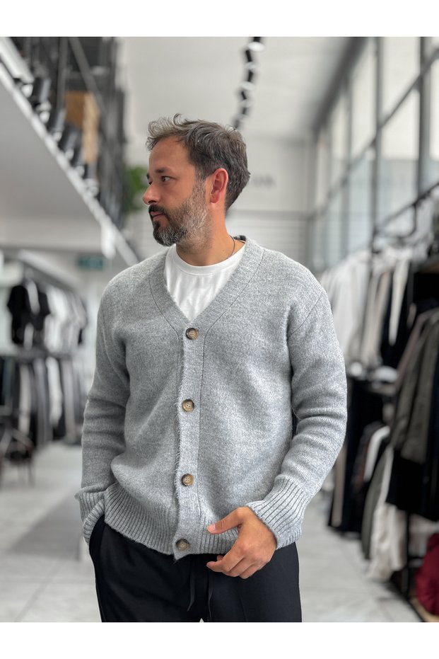 Gray V-Neck Button-Down Knit Sweatshirt MRK-2606