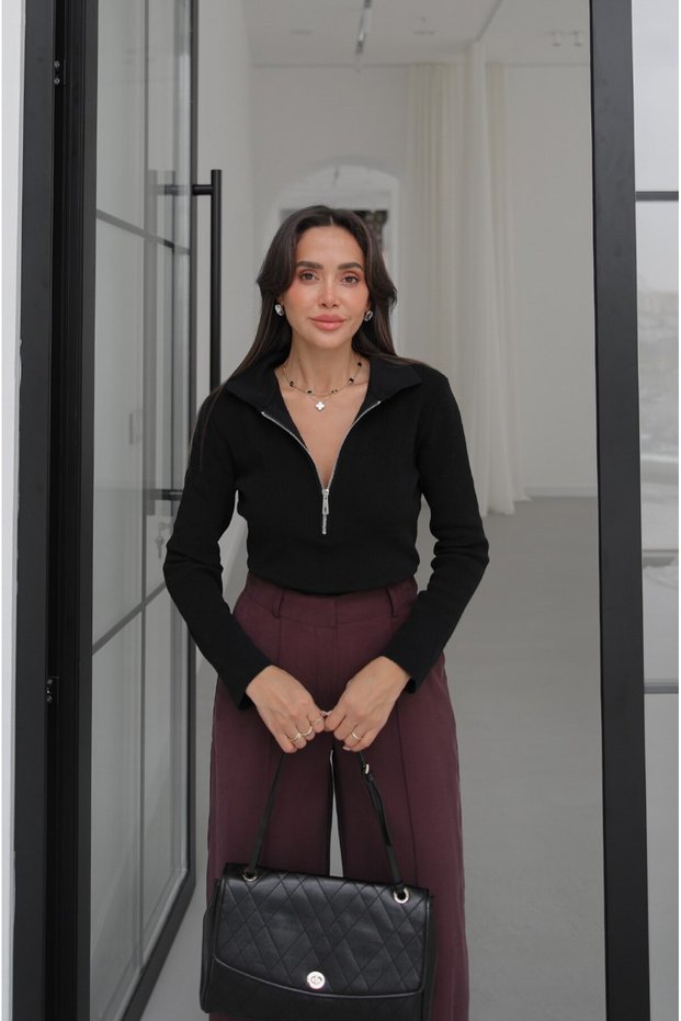 Black Slim Fit Sweater with Half-Zip