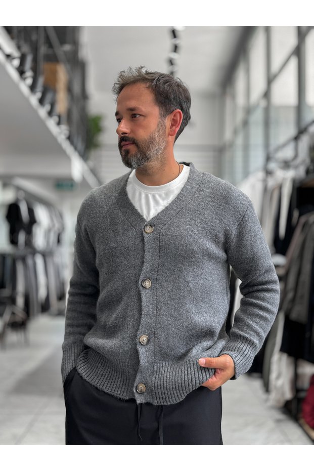 Anthracite V-Neck Button-Down Knit Sweatshirt MRK-2606