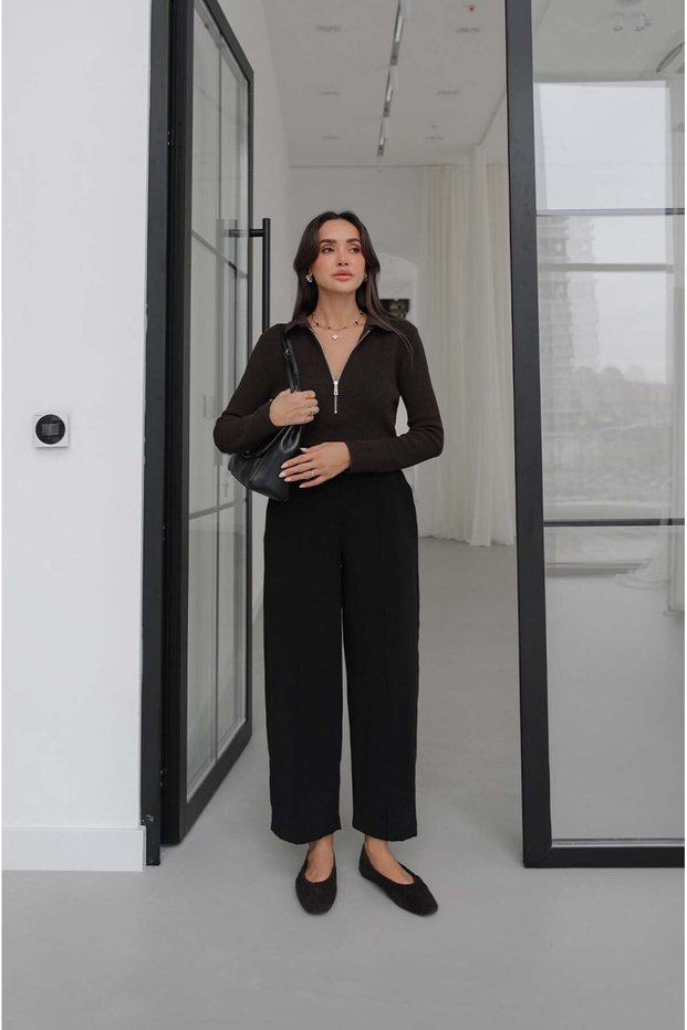 Black Ribbed Straight-Leg Pants