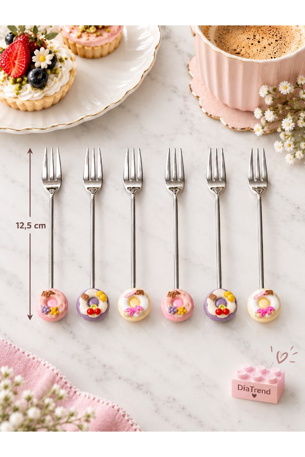 Set of 6 Stainless Steel Dessert Forks with Donut Designs, Serving Forks, Cake and Fruit Forks