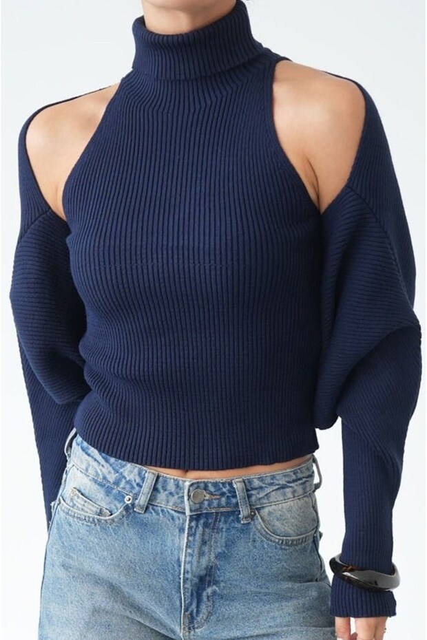 Navy Blue Turtleneck Blouse and Bolero Knit Set