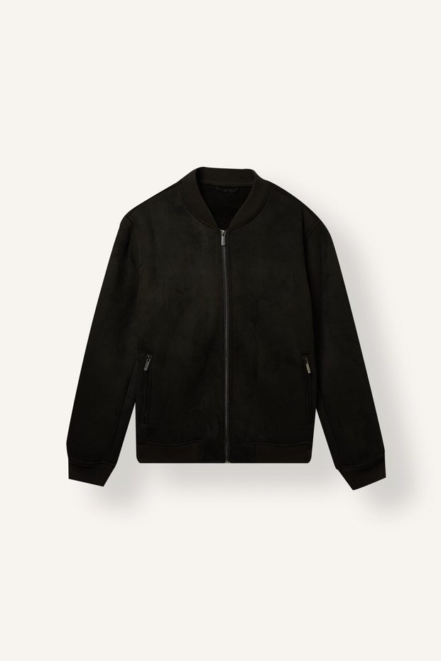 Slim Fit College-Collar Zippered Pocket Suede Bomber Jacket, Black I1843AX26WN