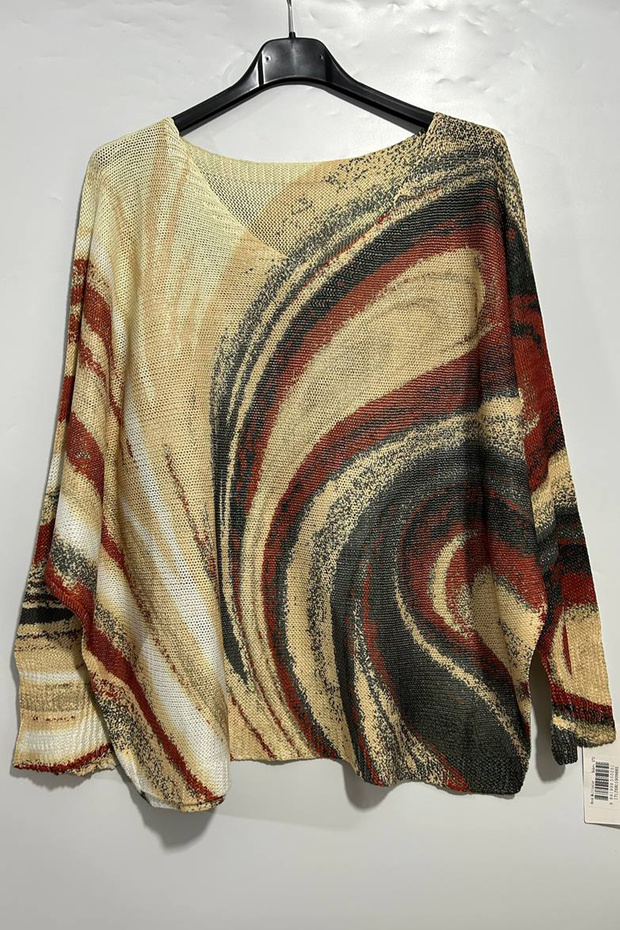Women's Italian V-Neck Distressed Batik Print Loose-Fit Mercerized Blouse