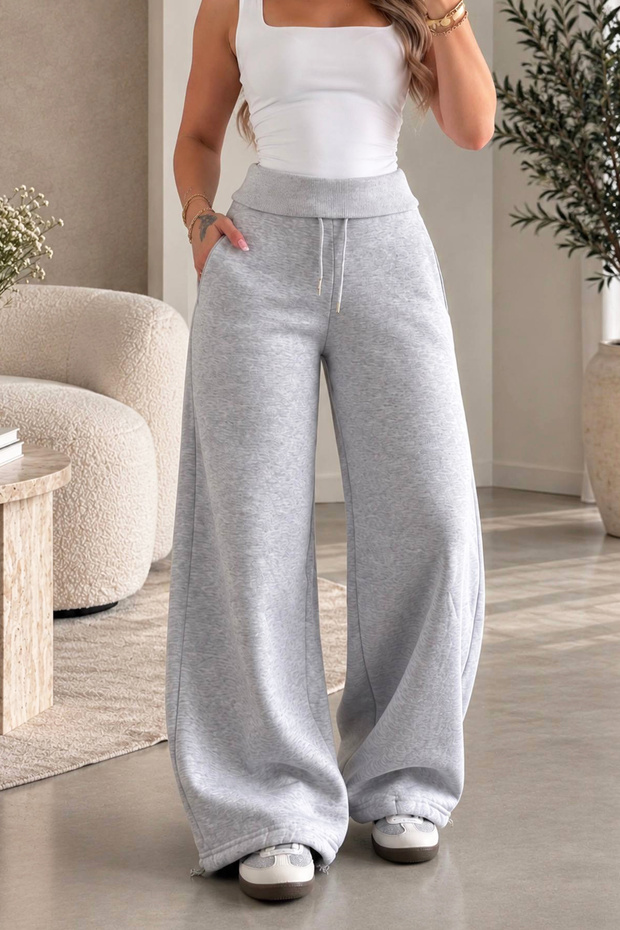 Beliska Gray Thick Curved-Hem Adjustable Elastic Waistband with Pockets, Lace-Up, 3-Thread Loose-Fit Wide-Leg Sweatpants