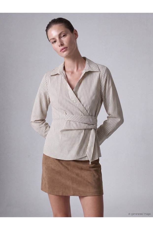 TWO MT SHOP QUALITY LCW STUDIO Ecru Double-Breasted Tie-Detail Button-Down Striped Women's Shirt