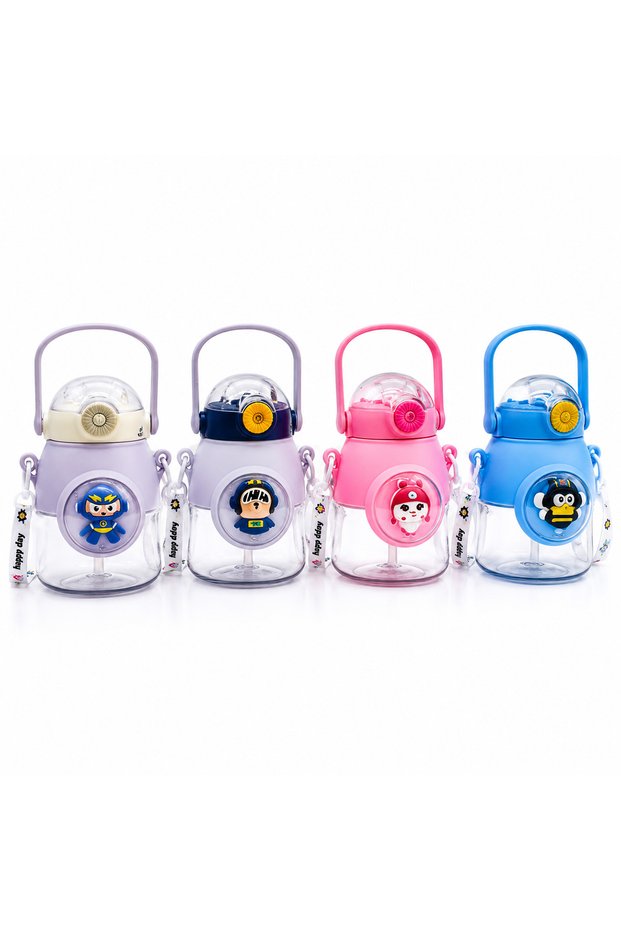 Children's Water Bottle with Character Design, Chubby Body, and Straw—600 ml, with Handle and Neck Strap, Assorted Colors