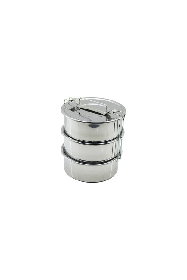 3-Tier Steel Lunch Box, 18 cm Metal Food Container with Hooked Handles