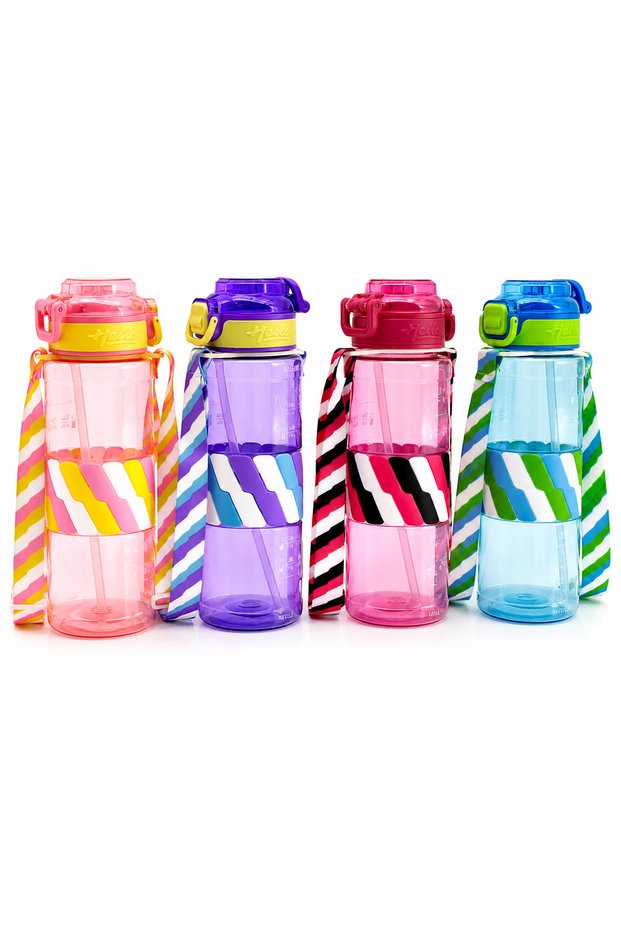 Patterned Sports Water Bottle with Strap, 800 ml, with Straw, Colorful Plastic Bottle