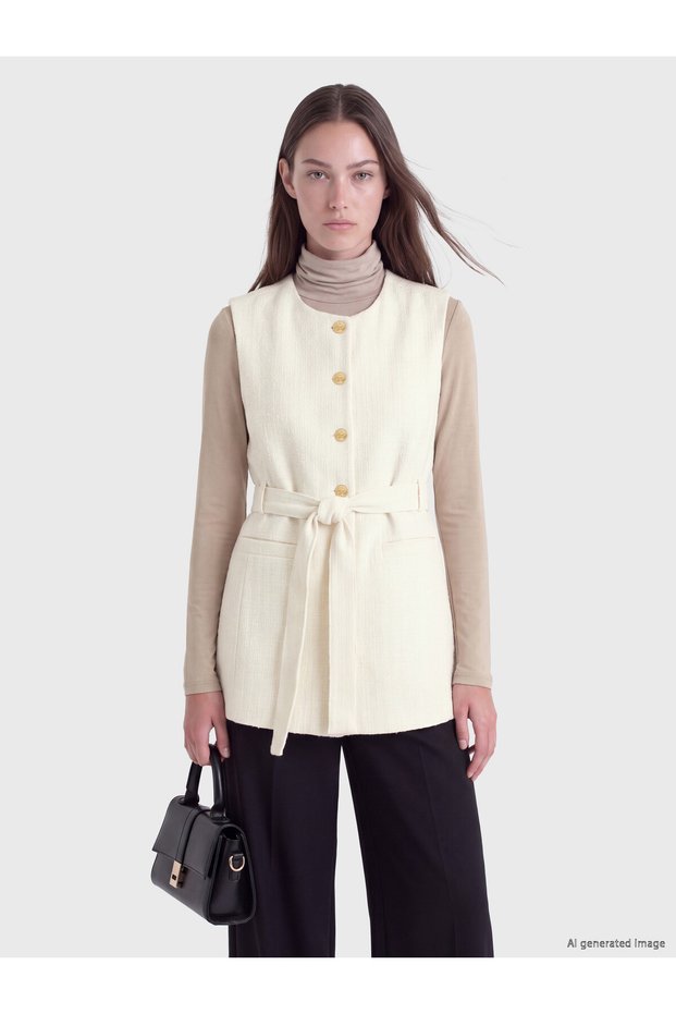 LCW Modest Ecru Tweed Solid Women's Classic Vest, Featuring the ALITA CITY Touch