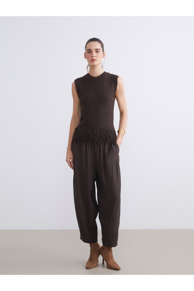 LCW Vision Brown Solid Loose & Wide-Leg Tapered-Leg Women's Pants, Featuring the ALITA CITY Touch