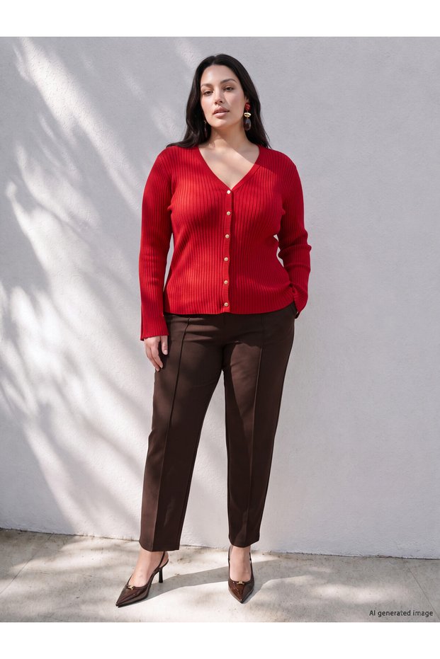 LCW Curve Brown Straight-Leg Comfort & Relax Tapered-Leg Women's Pants, Featuring the ALITA CITY Touch