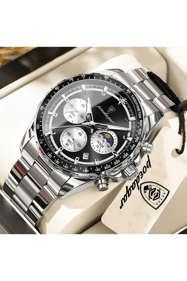 879 Silver Black S POEDAGAR Fashion Youth Men Wristwatch Luminous Waterproof Leather Man Clock Chron