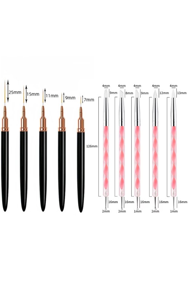 Black 10Pcs Nail Liner Brush Set UV Gel Nail Brushes Kits Silicone Point Flower Nail Pen French Stri