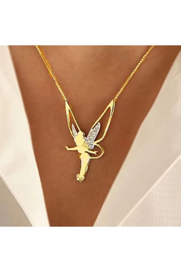 N-Elf Angel-gold Luxury Elf Angel Rhinestone Metal Glossy Girls Angel Wings Pendant Necklace Fairy F