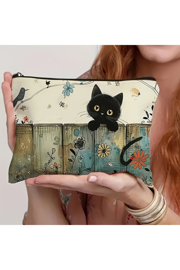 18X25cm 1 Charming Black Cat & Floral Design Zipper Pouch - Durable, Fade-Resistant, Lightweight Cos