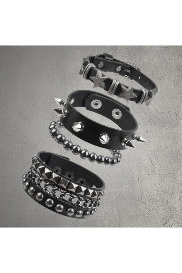 YG4280-1 Fashion Multi-layer Leather Bracelet Punk Rock Spiked Star Studded Bangle Set for Men Women