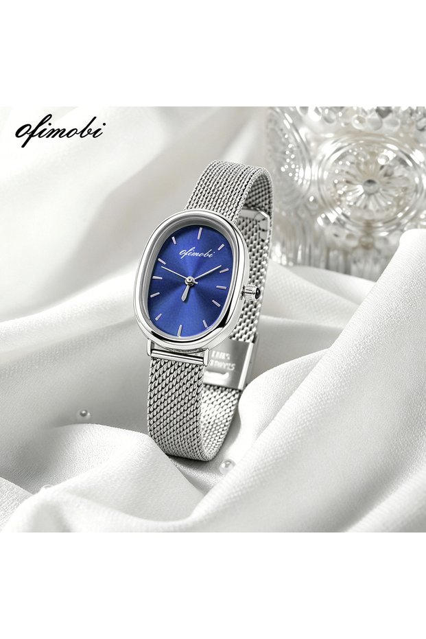 XG34-1-Sblue Oval Dial Women's Quartz Watch Premium Milanese Mesh Strap Sunburst Dial 30M Waterproof