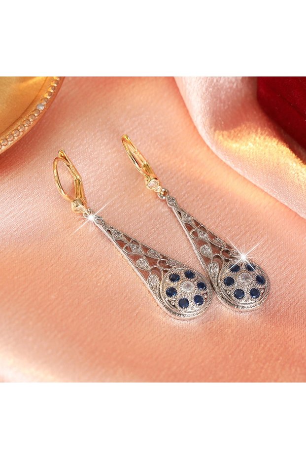 G765-1 Ladies' Vintage Hollow Water Droplet Earrings Inlay Blue White Cubic Zircon Light Luxury Ear
