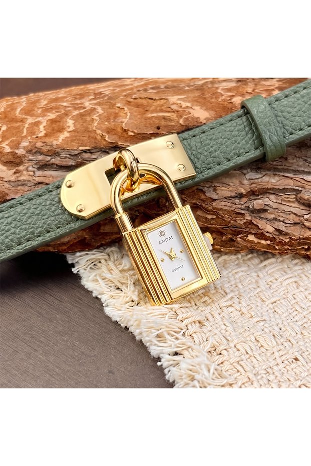 green Leather Watch for Woman: Edgy Padlock Dial Soft Strap Bold Personalized Fashion Watch for Wom
