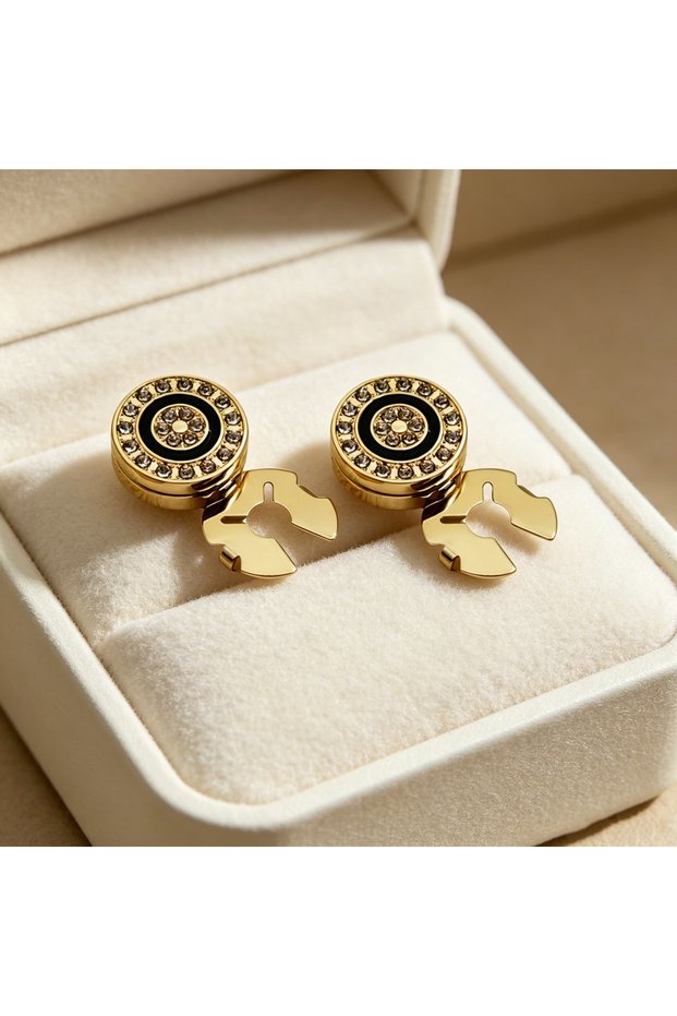 zr046jin-2pcs 1/2PCS Non-French Shirt Black Rhinestone Cufflinks Geometric Round Button Covers Men B