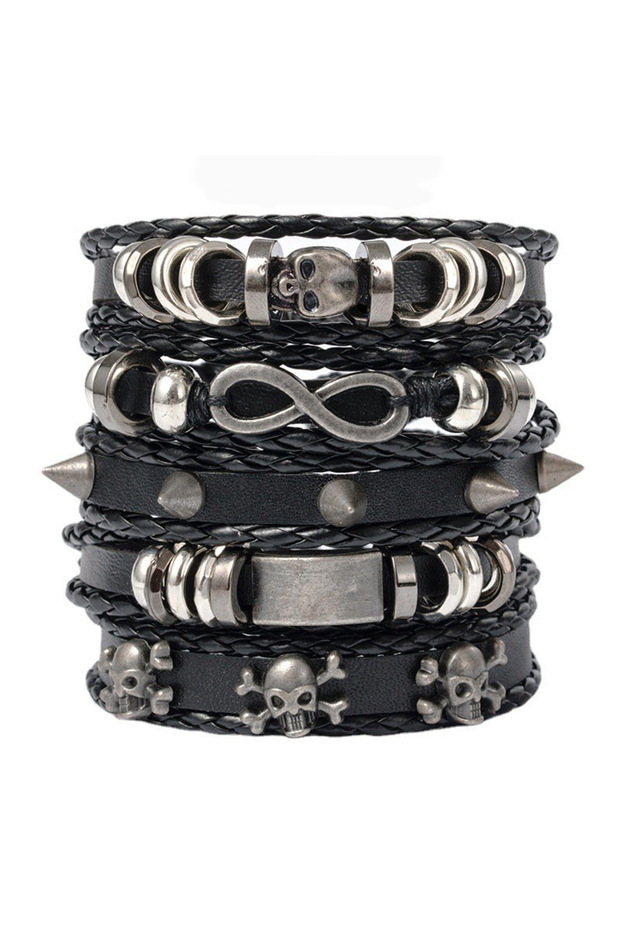 KL8Z-TZ 1Set Black Punk Skull & Star Shaped Alloy & Pu Leather Bracelet