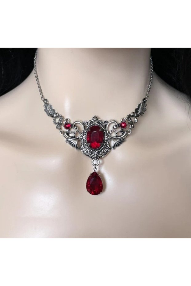 YF7236-1 Vintage Gothic Symmetrical Scroll Ginkgo Leaf Women's Drop Necklace with Red Artificial Gem