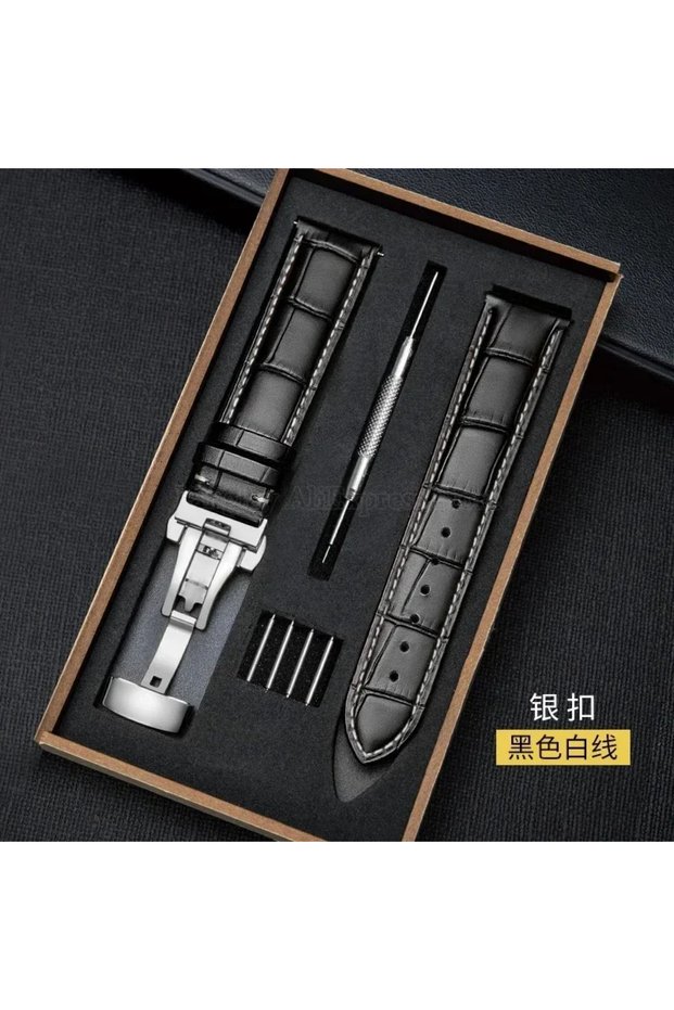 20mm Black White Silver Genuine Leather Strap With Box Watch Band Butterfly Clasp Bracelet 12/14/16/
