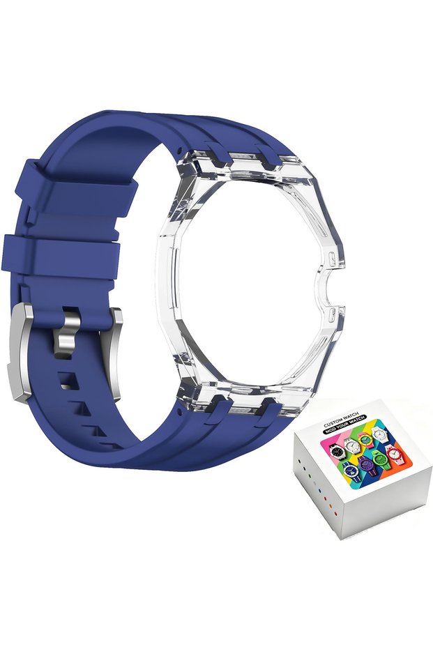 For Royal POP 3-Blue Transparent Case+Liquid Silicone Strap Modification Kit for Swatch X AP Royal