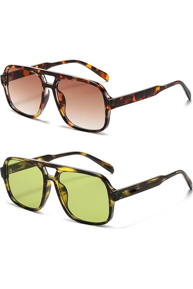 2pcs-tea green Fashion Double Bridges Square Rivets Women Sunglasses Retro Men Gradient Tea Shades U