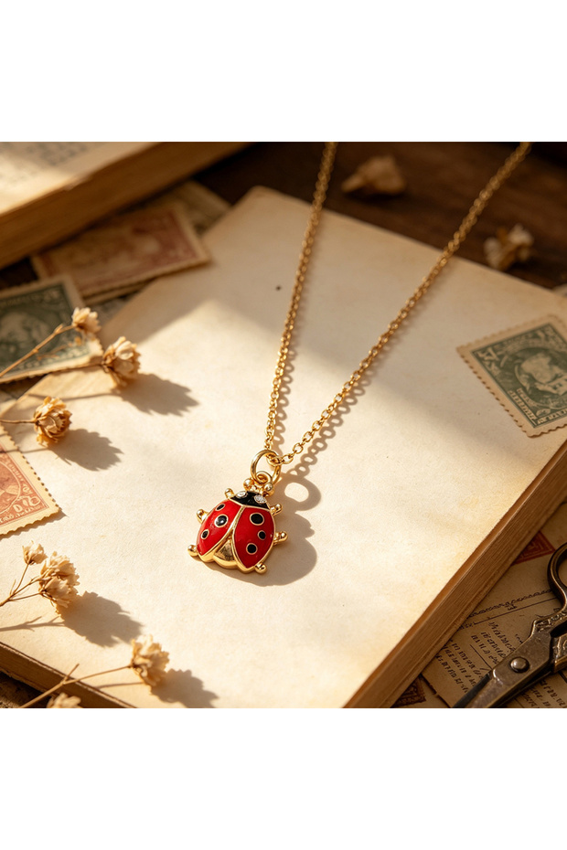 red Cartoonish Cute Ladybug Pendant Necklace, Vintage Adorable Insect Design Daily Clavicle Chain fo