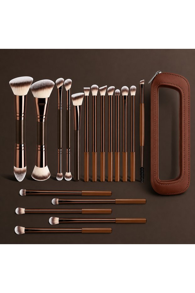 Coffee Brown 19Pcs Cosmetic Makeup Brush Set With PU Storage Bag Soft Synthetic Hair Foundation Blus